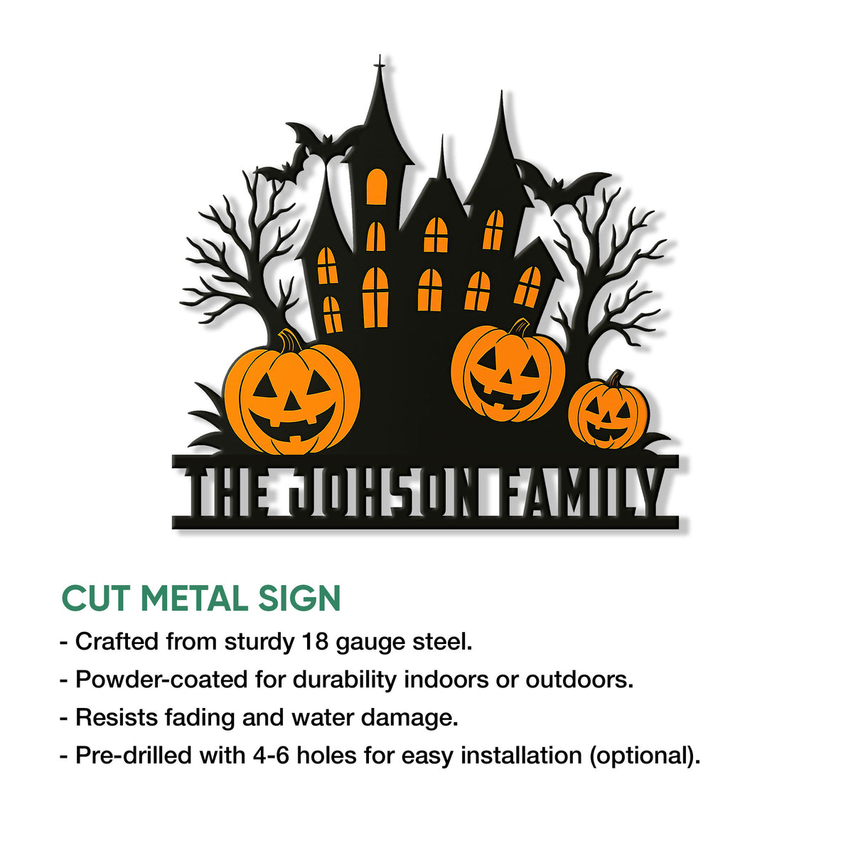 Cut metal Halloween sign with a haunted mansion, glowing orange windows, bats, trees, and jack-o-lanterns