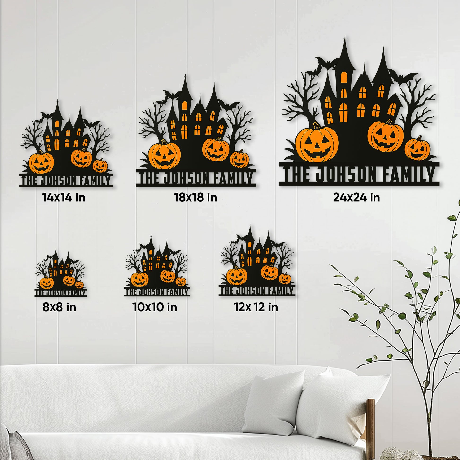 Halloween metal sign size guide showing available square sizes from 8x8 to 24x24 inches