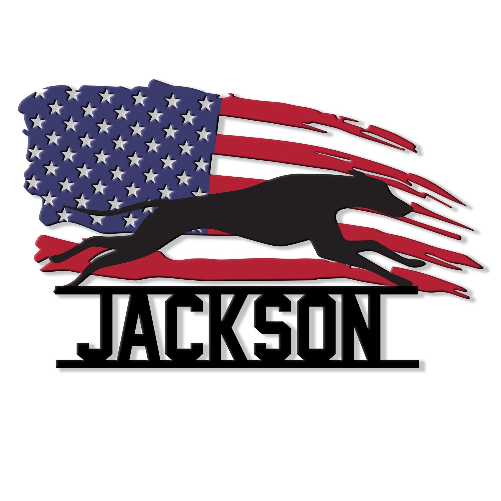 Patriotic Whippet metal sign featuring a running dog silhouette over a distressed American flag