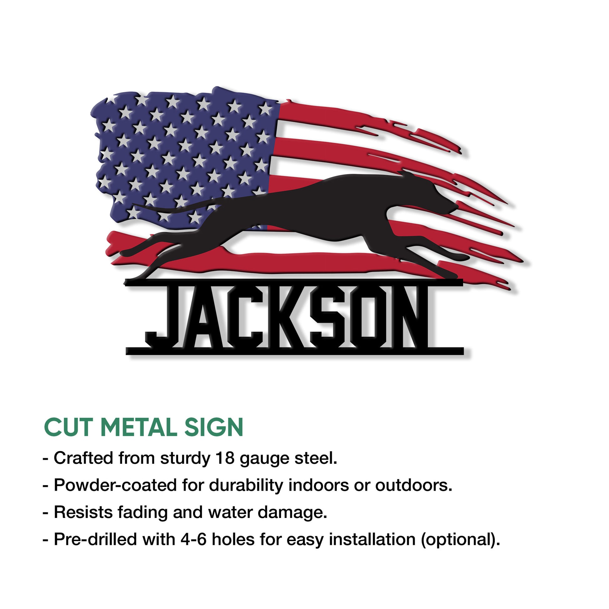 Patriotic Whippet cut metal sign with a running dog silhouette and American flag design