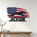 Patriotic Whippet wall decor displayed above a console table in a bright modern home