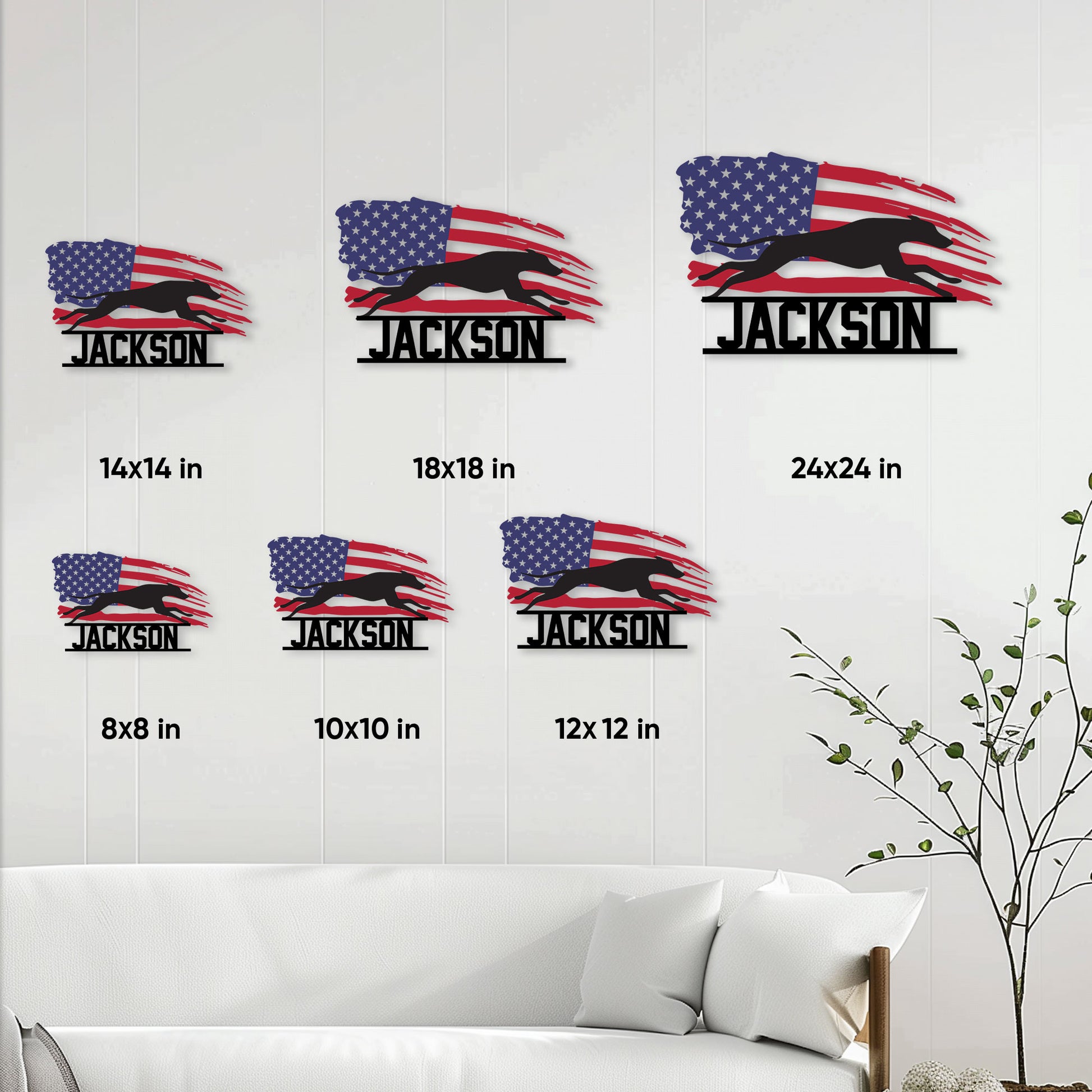 Patriotic Whippet metal sign size guide showing available square size options from 8 to 24 inches