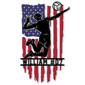 Custom volleyball metal sign featuring a jumping player silhouette, volleyball, and patriotic American flag design
