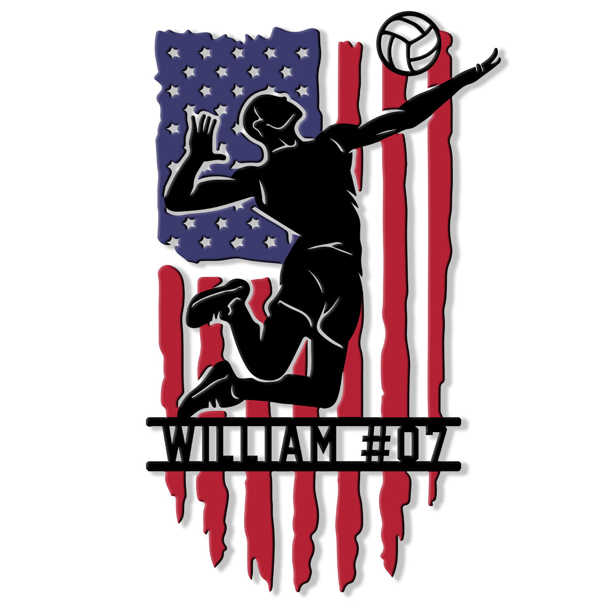 Custom volleyball metal sign featuring a jumping player silhouette, volleyball, and patriotic American flag design