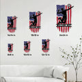 Volleyball metal sign size guide showing multiple square size options displayed on a living room wall
