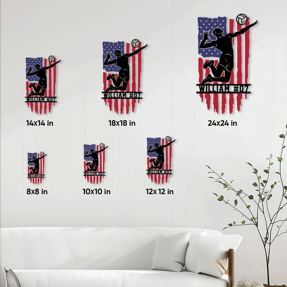 Volleyball metal sign size guide showing multiple square size options displayed on a living room wall