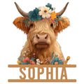 Floral Highland Cow metal sign with long horns and a colorful wildflower crown