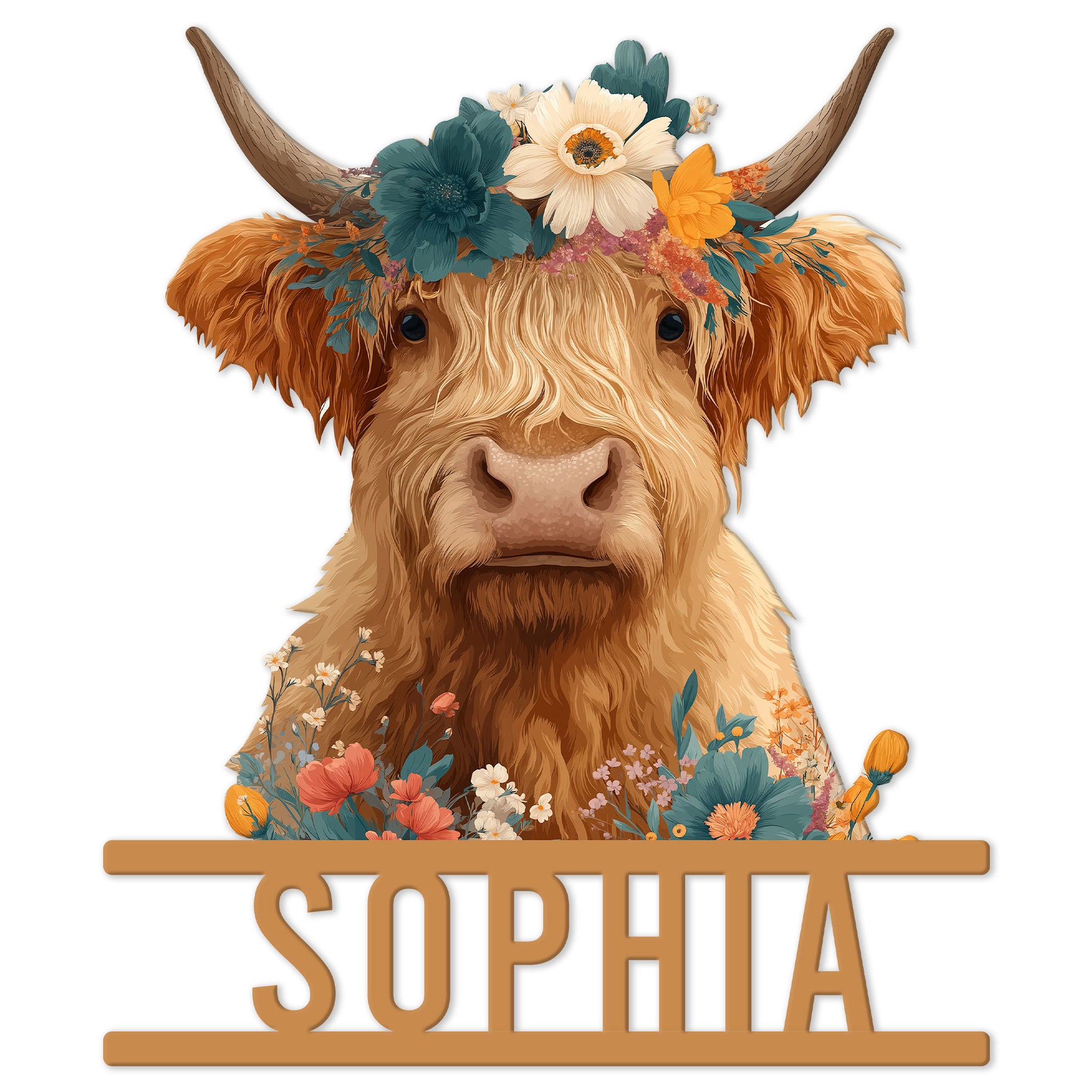 Floral Highland Cow metal sign with long horns and a colorful wildflower crown