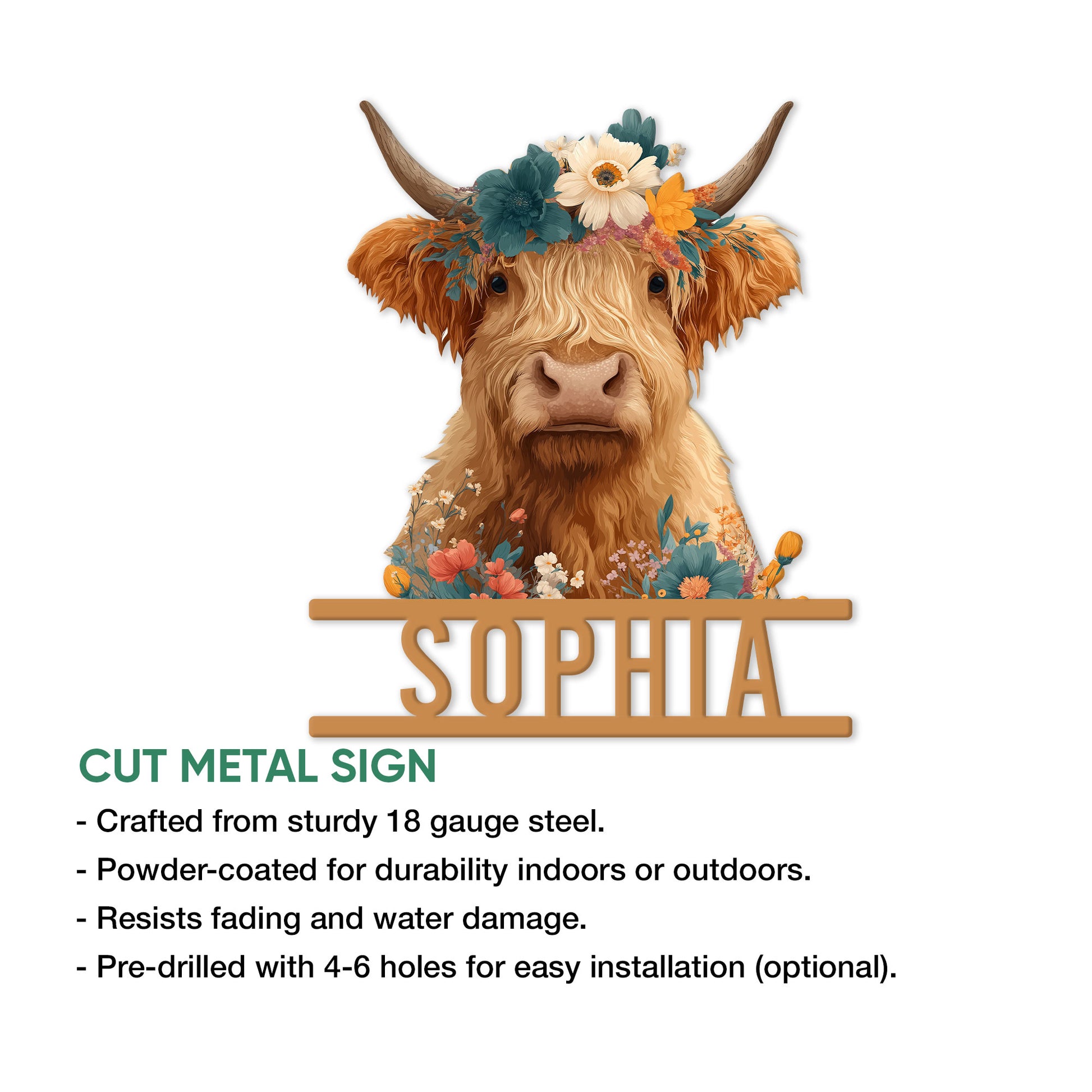 Floral Highland Cow cut metal sign feature graphic showing indoor and outdoor display details