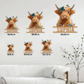 Highland Cow metal sign size comparison showing multiple square size options in a home setting