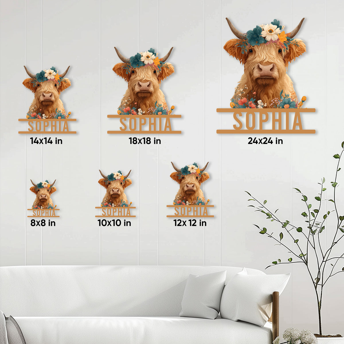 Highland Cow metal sign size comparison showing multiple square size options in a home setting