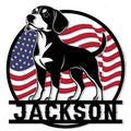 Custom beagle metal sign featuring a black and white dog against a waving American flag