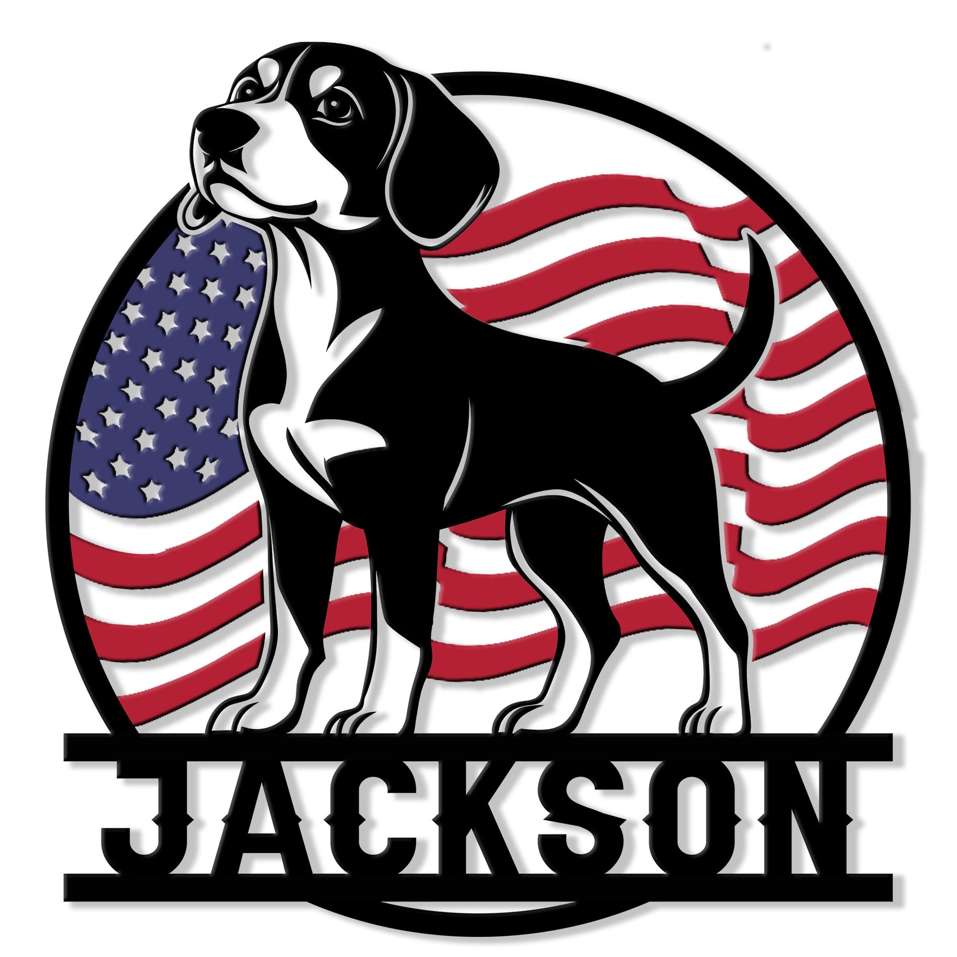 Custom beagle metal sign featuring a black and white dog against a waving American flag