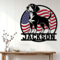 Patriotic beagle wall sign displayed on a white paneled wall above a console table