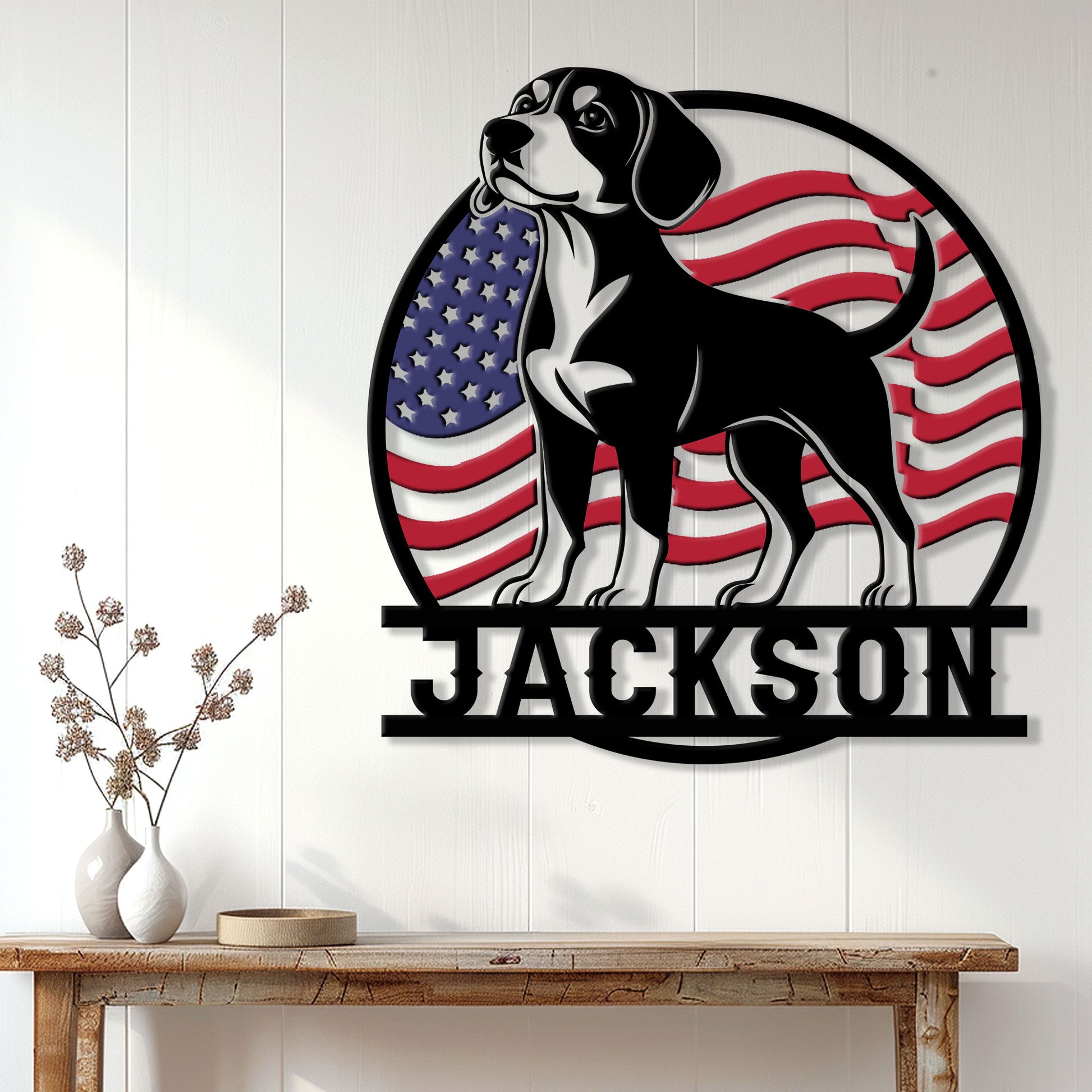 Patriotic beagle wall sign displayed on a white paneled wall above a console table