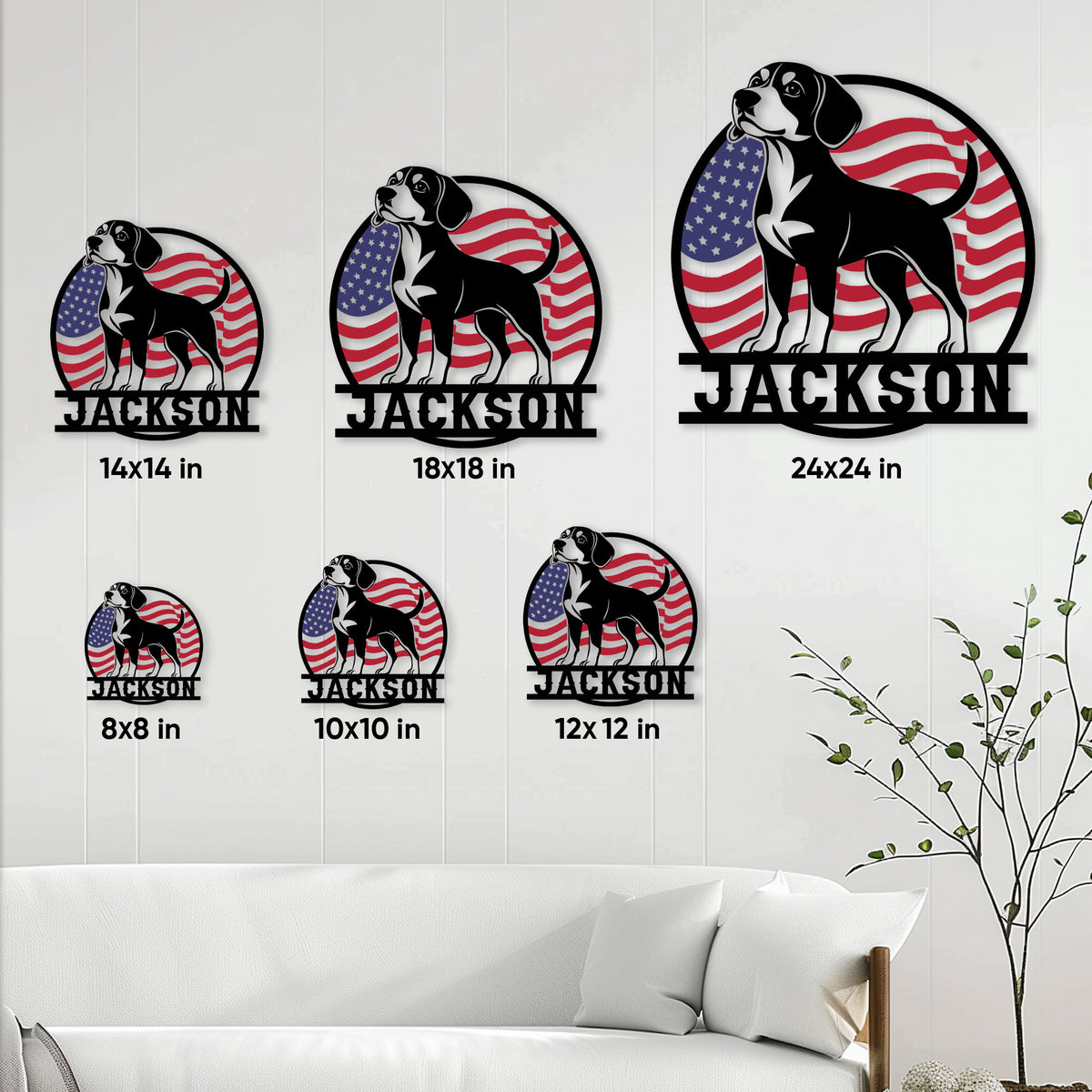 Beagle metal sign shown in multiple size options on a bright living room wall