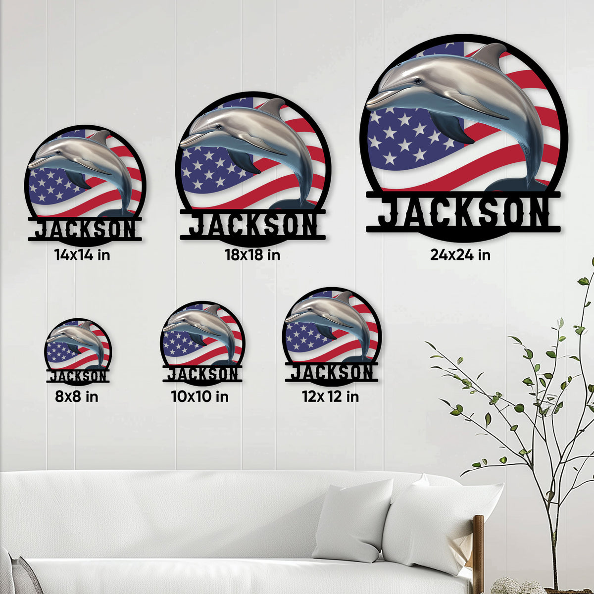 Dolphin metal sign size guide showing available dimensions from 8 by 8 to 24 by 24 inches