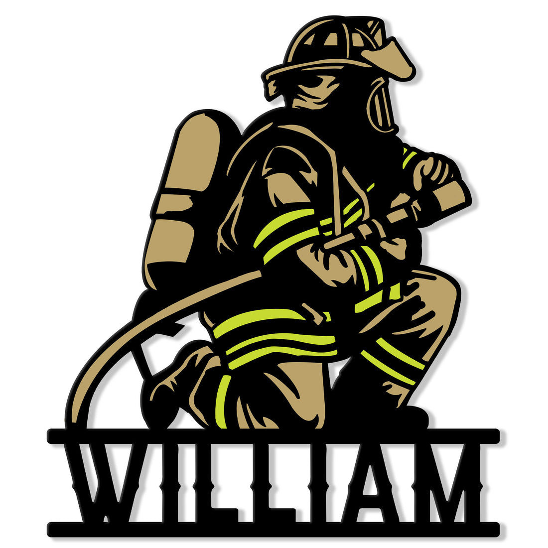 Firefighter metal sign featuring a kneeling firefighter in protective gear holding a hose