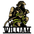 Firefighter metal sign featuring a kneeling firefighter in protective gear holding a hose