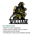 Firefighter cut metal sign shown with a product feature infographic and example display