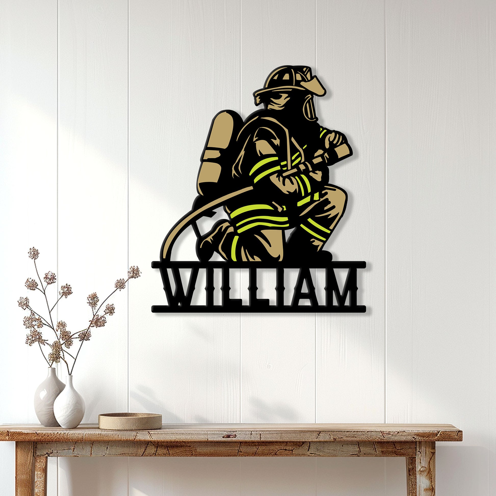Firefighter wall sign displayed on a white paneled wall above a console table