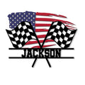 Racing metal sign featuring crossed checkered flags over a distressed American flag design