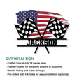 Cut metal racing sign with crossed checkered flags and patriotic American flag artwork