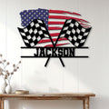 Patriotic racing wall sign displayed on a white paneled wall above a wooden console