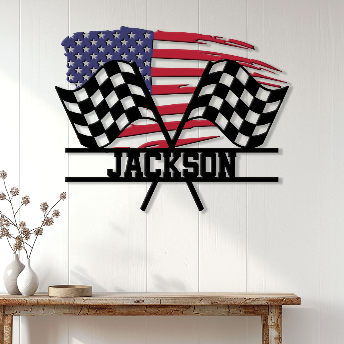Patriotic racing wall sign displayed on a white paneled wall above a wooden console
