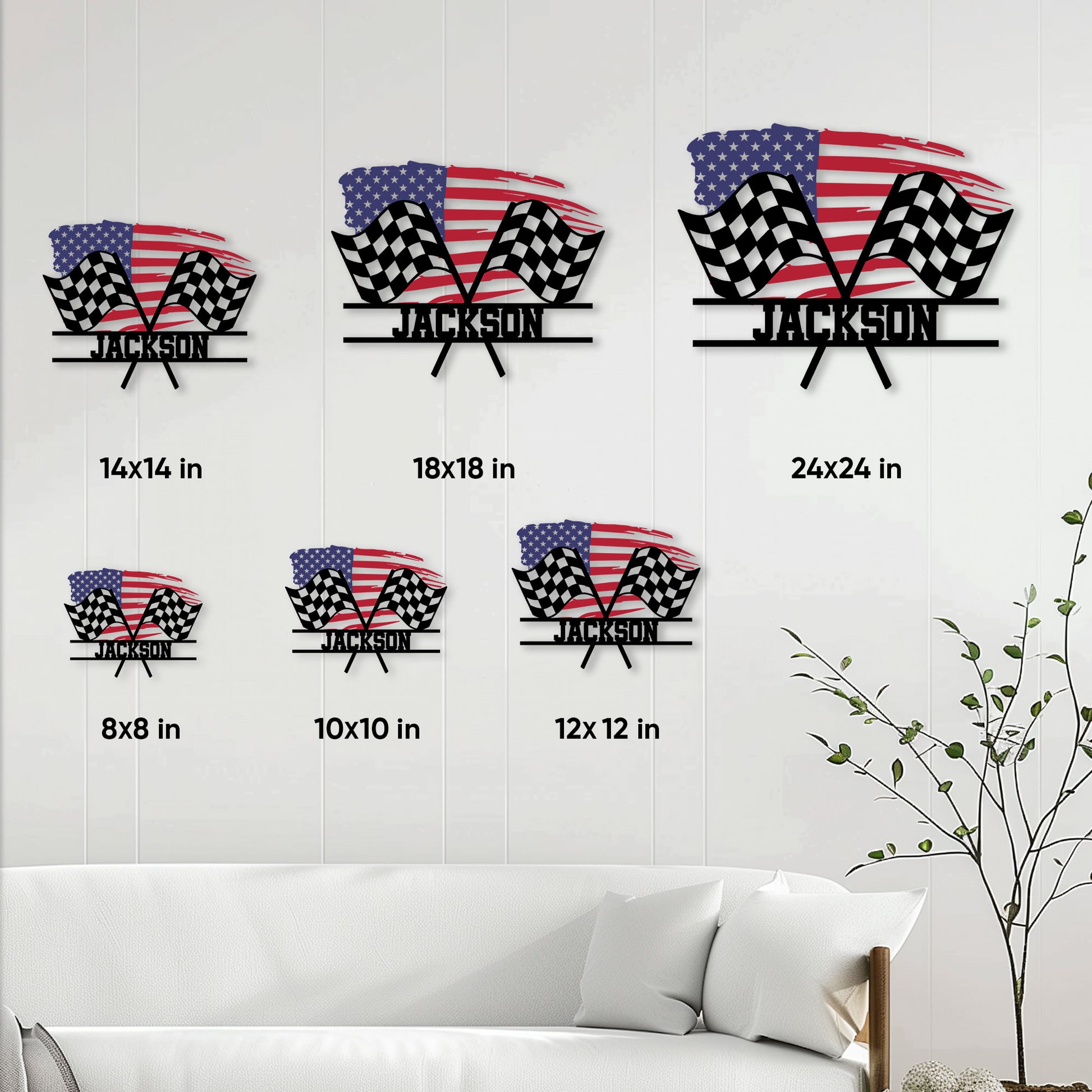 Racing metal sign size guide showing available 8x8, 10x10, 12x12, 14x14, 18x18, and 24x24 inch options