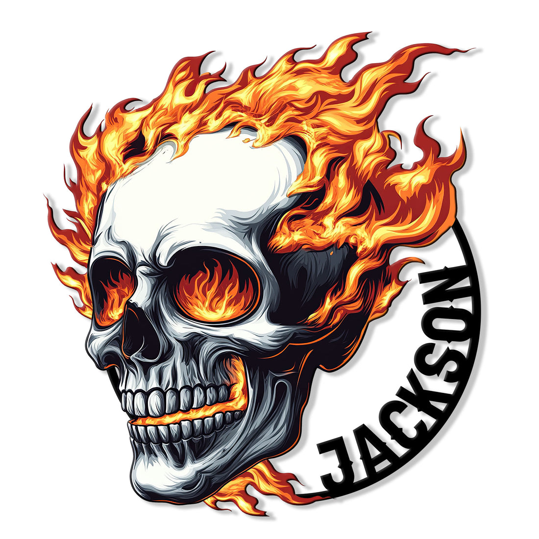 Flaming skull metal sign featuring a detailed skull with glowing eyes surrounded by vivid orange and yellow flames