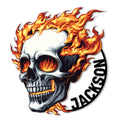 Flaming skull metal sign featuring a detailed skull with glowing eyes surrounded by vivid orange and yellow flames