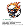 Flaming skull cut metal sign feature graphic showing the dramatic artwork and display options