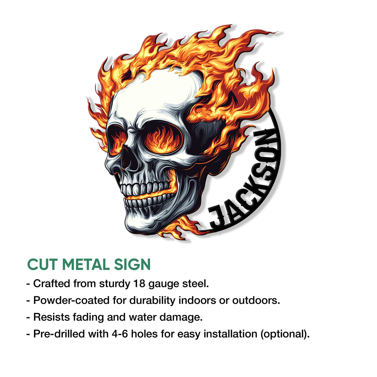 Flaming skull cut metal sign feature graphic showing the dramatic artwork and display options