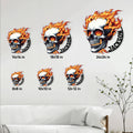 Flaming skull metal sign size comparison showing multiple available dimensions on a living room wall