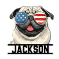 Patriotic pug metal sign featuring a playful dog portrait wearing American flag sunglasses
