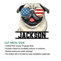 Cut metal pug sign shown with a patriotic sunglasses design and product feature details