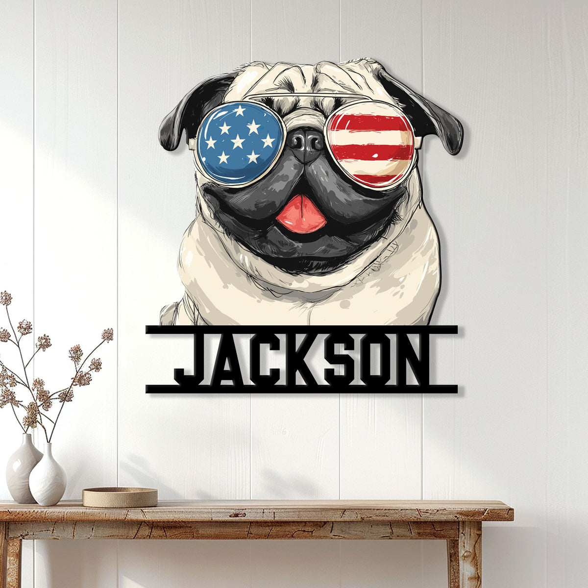 Patriotic pug wall sign displayed as dog lover decor on a bright wood-paneled wall