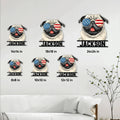 Patriotic pug metal sign size guide showing six available square size options