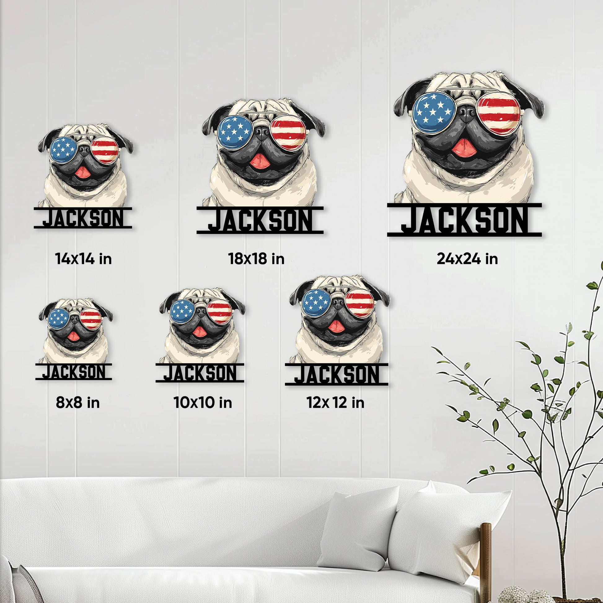 Patriotic pug metal sign size guide showing six available square size options