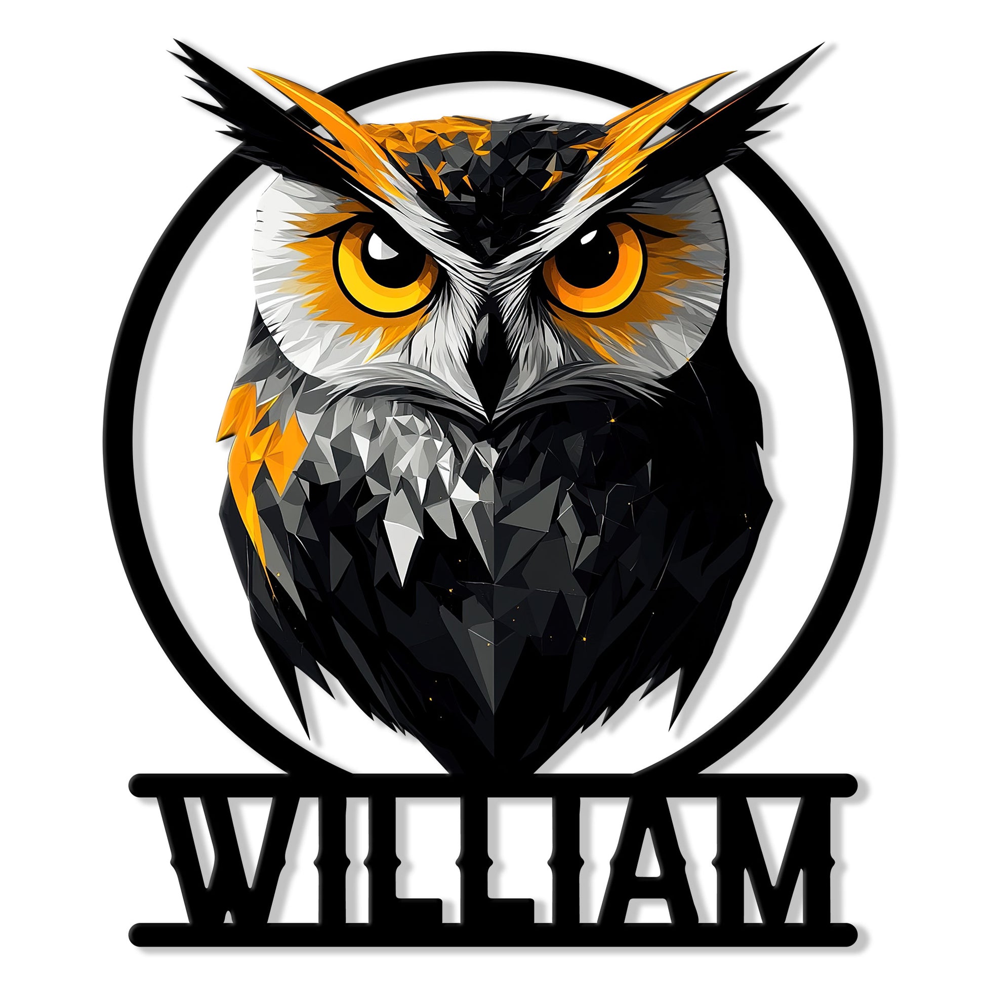 Geometric black, white, and gold owl metal sign with bold eyes and a circular frame