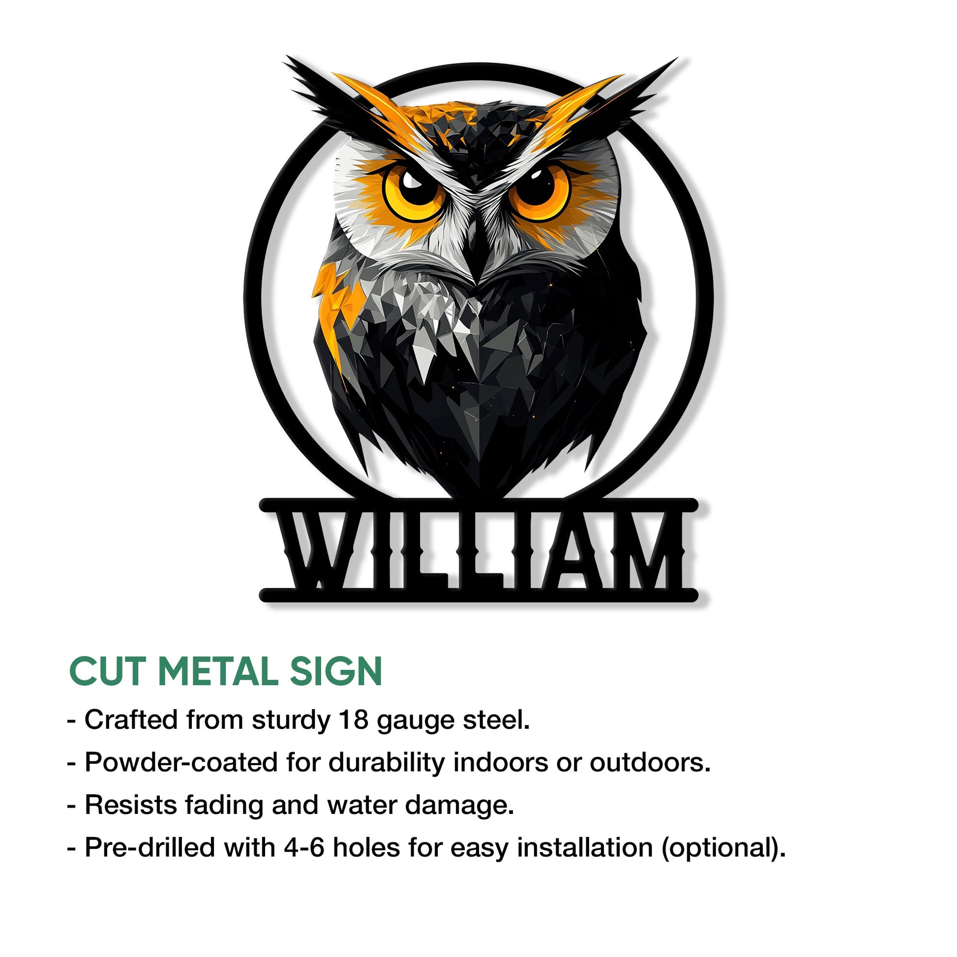 Geometric owl cut metal sign shown with product feature information