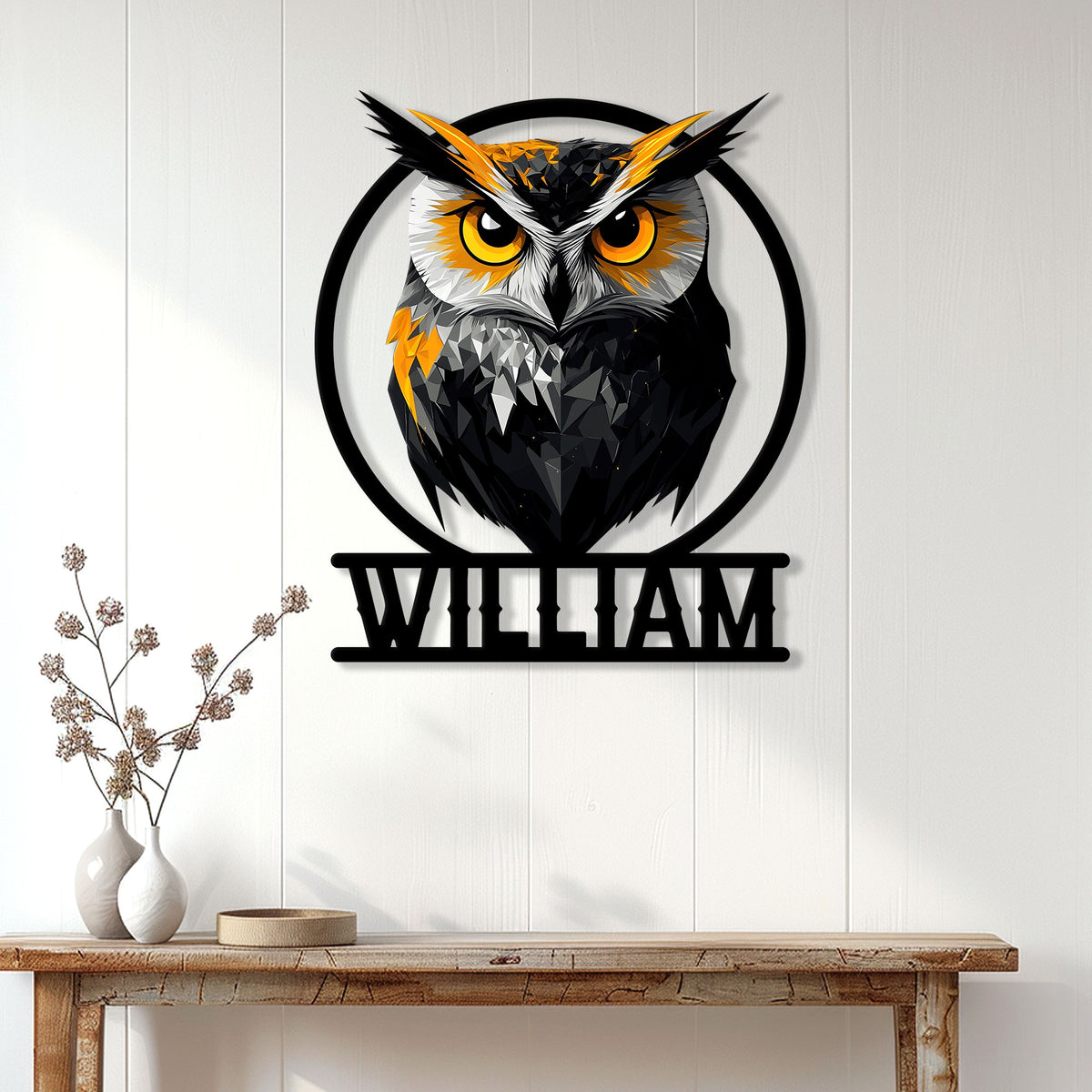 Geometric owl metal sign displayed as striking wall decor above a wood console table