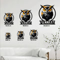 Owl metal sign size guide displaying six available square dimensions for wall decor
