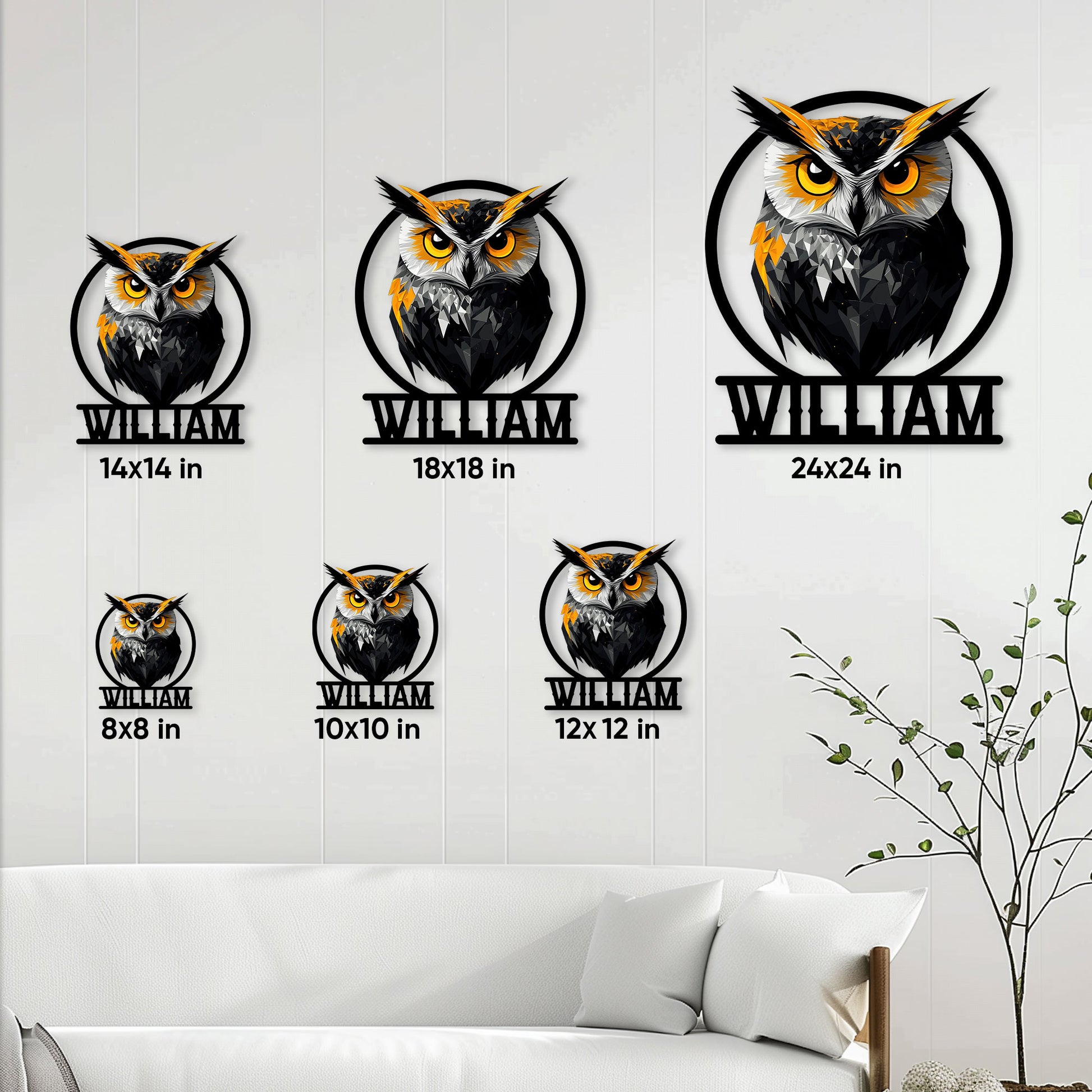 Owl metal sign size guide displaying six available square dimensions for wall decor
