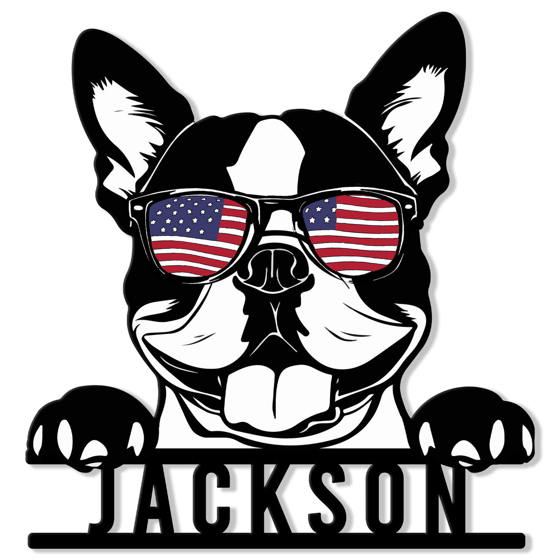 Boston Terrier metal sign featuring a bold dog portrait wearing American flag sunglasses