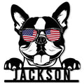 Boston Terrier metal sign featuring a bold dog portrait wearing American flag sunglasses