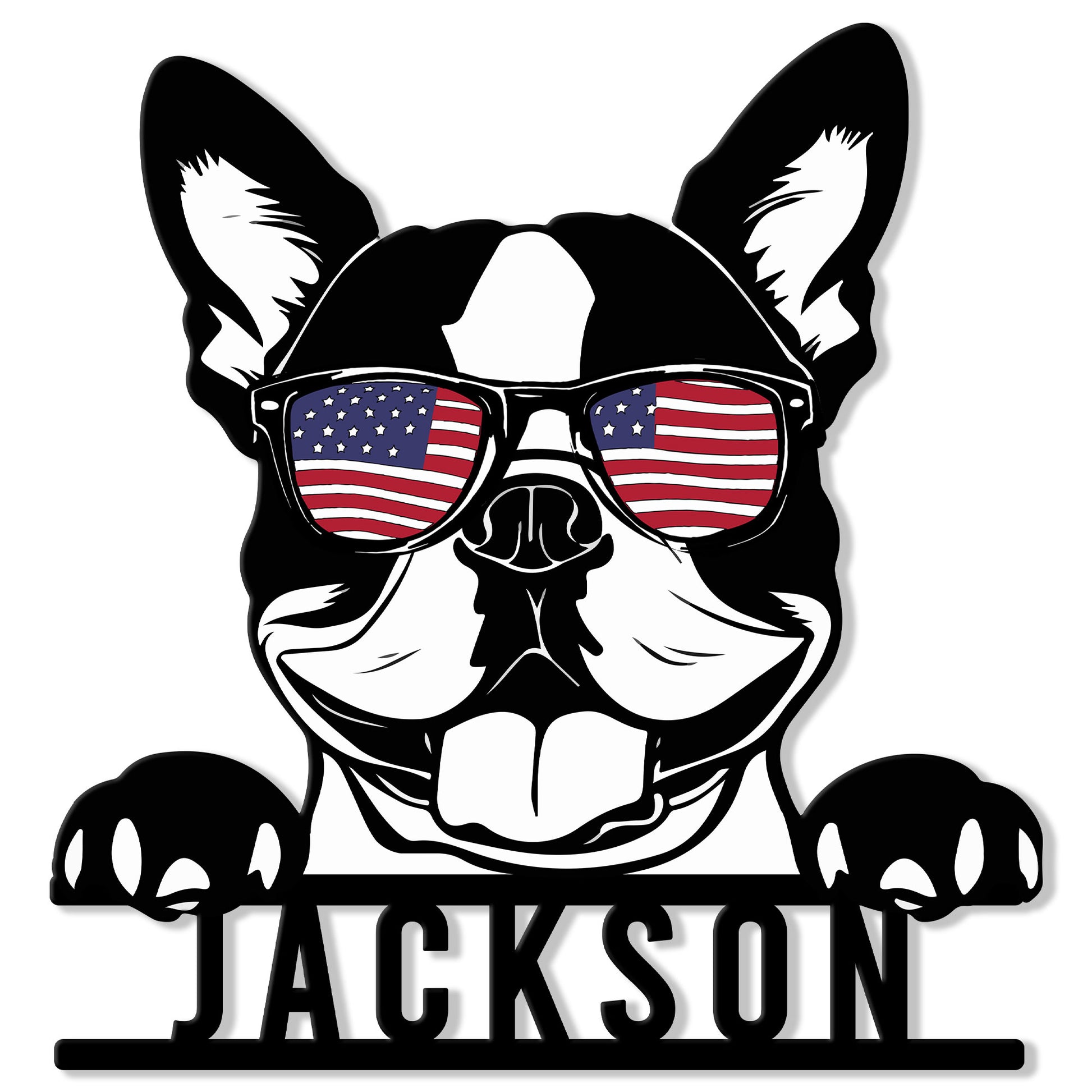 Boston Terrier metal sign featuring a bold dog portrait wearing American flag sunglasses