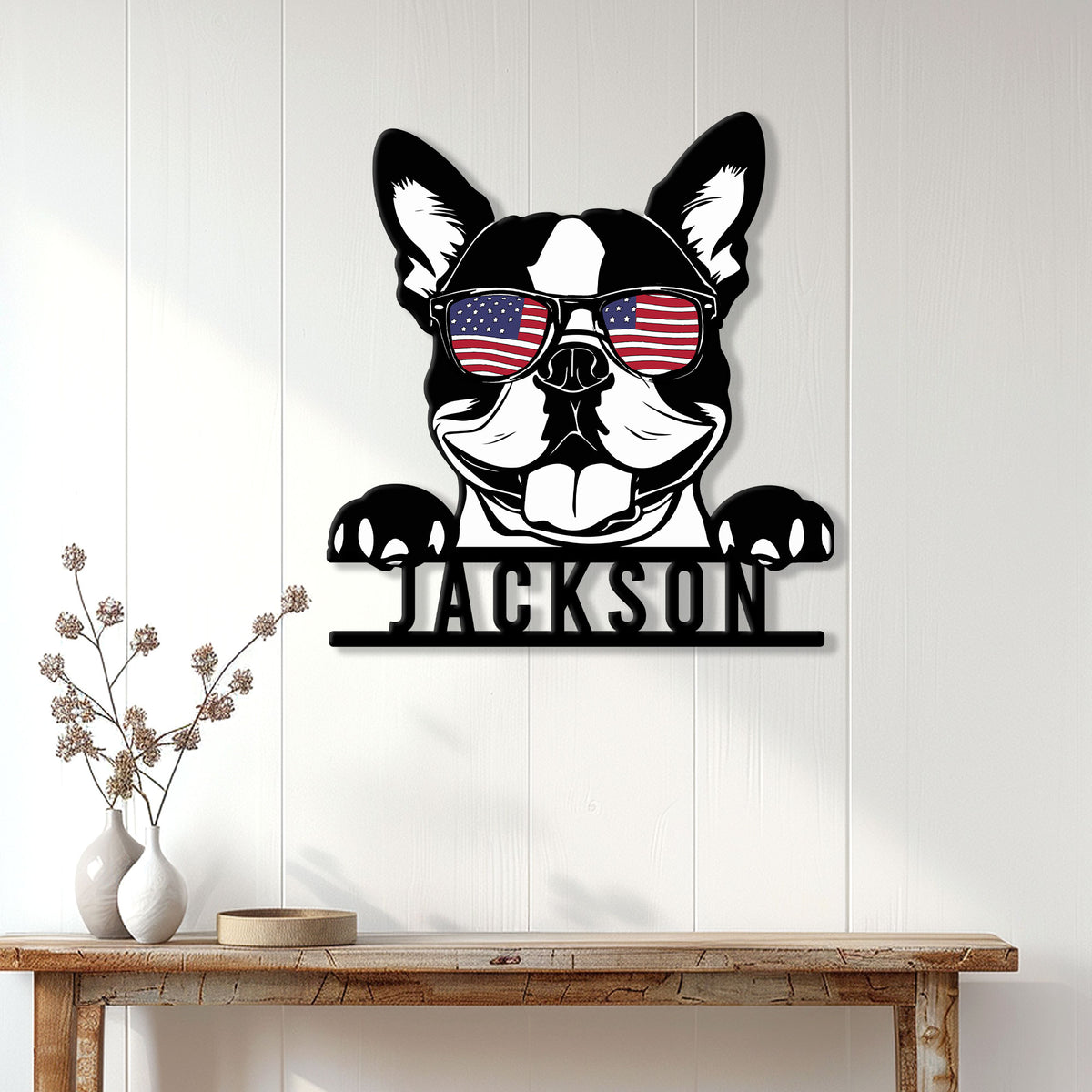 Boston Terrier wall decor displayed above a console table in a bright home entryway