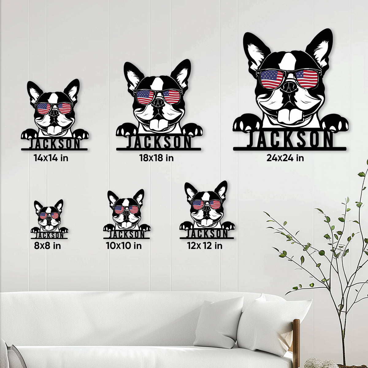 Boston Terrier metal sign size guide showing six available square size options
